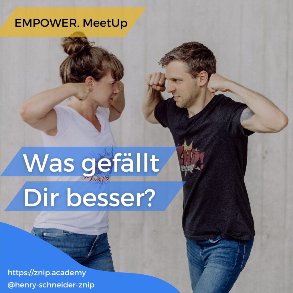 Janina Kappelhoff und Henry Schneider spannen die Oberarme an um sich gegenseitig machtvoll anzuschauen,