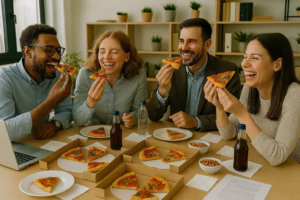 Pizza-Party im Büro, mit 4 lächelnden Mitarbeitenden, Pizza, Snacks und Getränken. KI generiert.