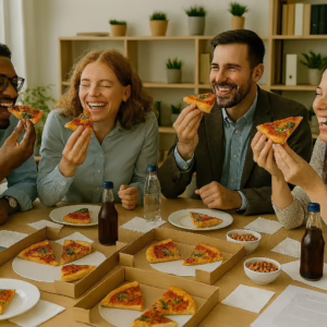 Pizza-Party im Büro, mit 4 lächelnden Mitarbeitenden, Pizza, Snacks und Getränken. KI generiert.