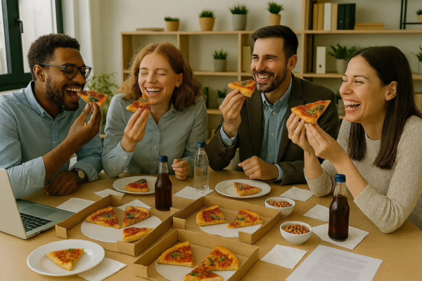 Pizza-Party im Büro, mit 4 lächelnden Mitarbeitenden, Pizza, Snacks und Getränken. KI generiert.