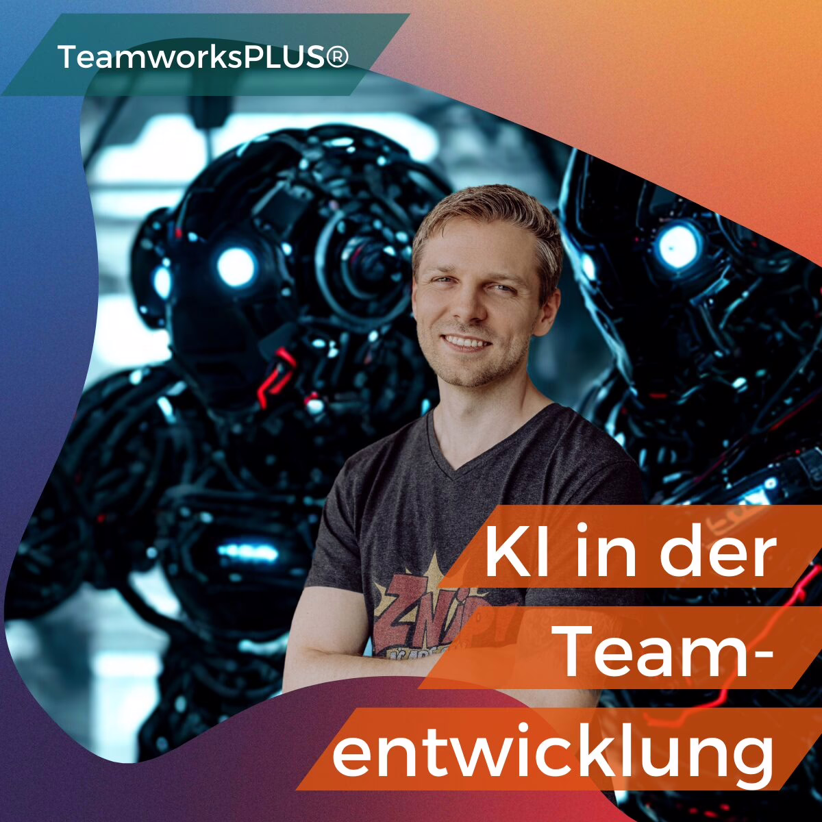 Henry steht vor großen KI Robotern und lächelt