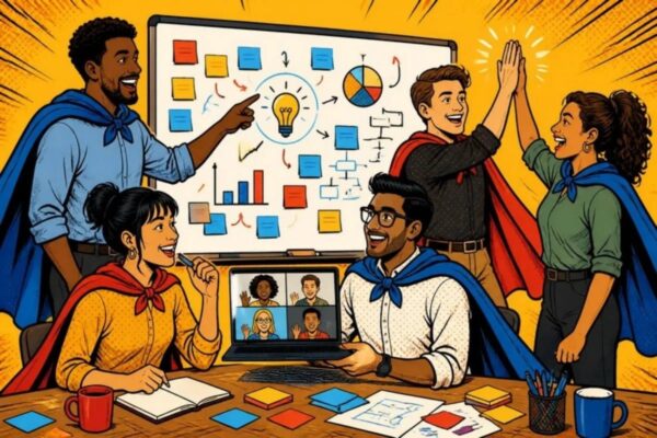 Comic-Illustration: Vier Alltagshelden mit Umhängen arbeiten gemeinsam an einem Whiteboard